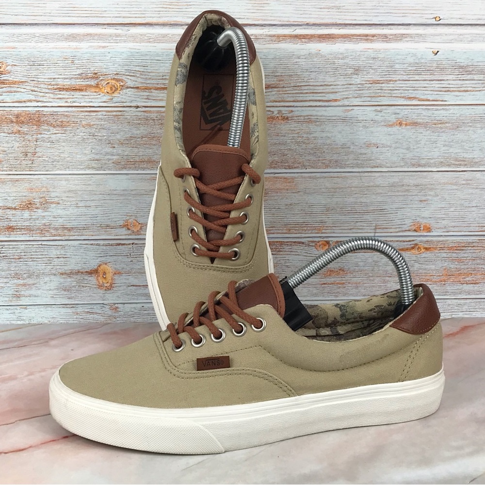 Vans Authentic Lace Up Sneakers in Tan Canvas w/ leather trim